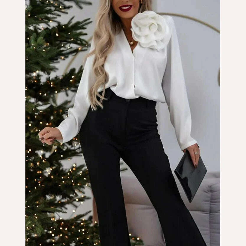 Women's Elegant Rose Detail Long Sleeve Overlap Top Temperament Commuting Female Clothing Woman Fashion V-Neck Casual Blouses