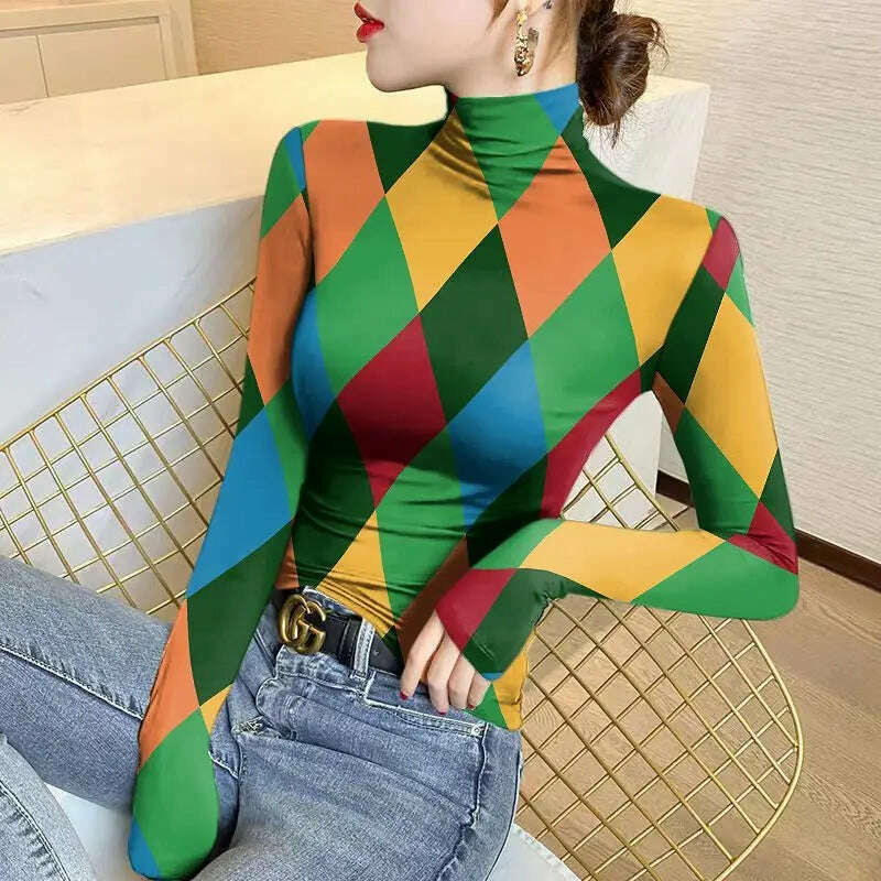 Women's Half High Collar Pullover Plaid Bottom Shirt 2023 Autumn and Winter New Printing Long Sleeved T-shirt Fashion Slim Tops