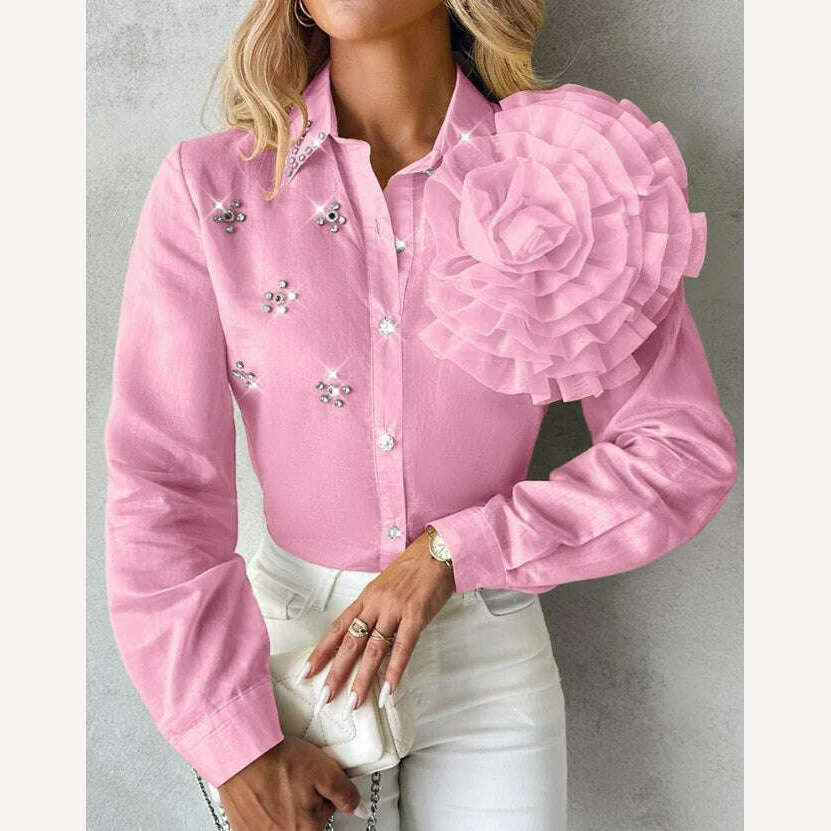 Women's Shirt 2023 Autumn/winter New Fashion Versatile Polo Rose Detail Rhinestone Turn Down Collar Top Temperament Commuting