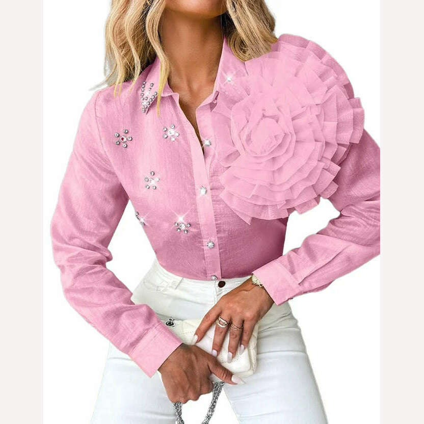 Women's Shirt 2023 Autumn/winter New Fashion Versatile Polo Rose Detail Rhinestone Turn Down Collar Top Temperament Commuting