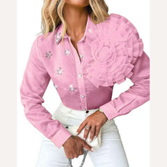 Women's Shirt 2023 Autumn/winter New Fashion Versatile Polo Rose Detail Rhinestone Turn Down Collar Top Temperament Commuting