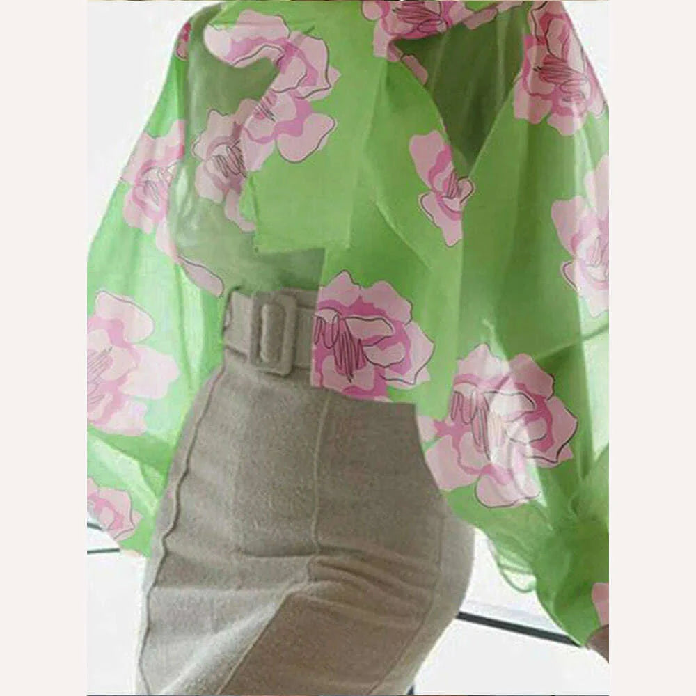 Women's Shirt Long Sleeve Elegant Standing Neck Flower Print Balloon Sleeve Slim Fit Shirt Fashion Trend Summer 2023