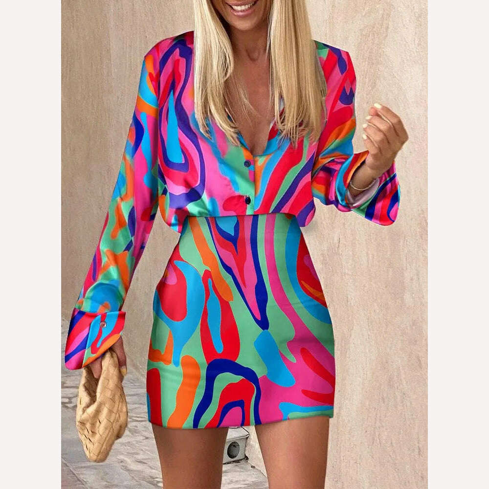 Women's Spring Autumn New Printed Shirt Long Sleeve Set Fashion Slim Elegant Female  Office Dresses Mini Skirt 2 Piece Set 2023