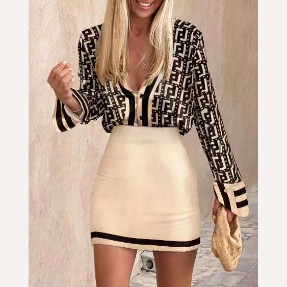 Women's Spring Autumn New Printed Shirt Long Sleeve Set Fashion Slim Elegant Female  Office Dresses Mini Skirt 2 Piece Set 2023