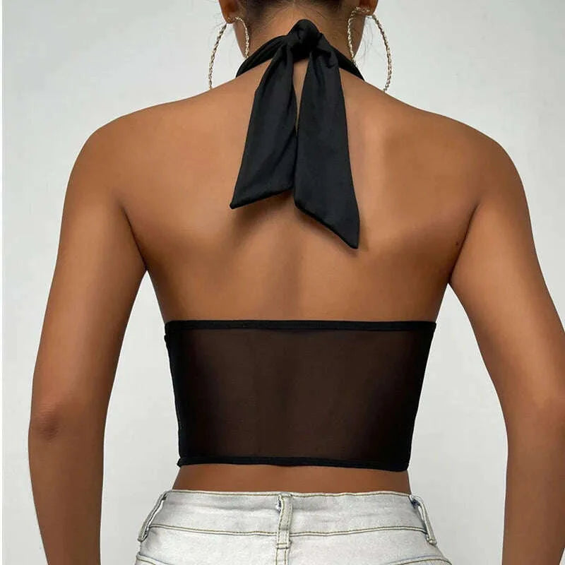 wsevypo Sexy Cross Halter Corset Bustier Mesh Bone Tank Tops Women Tie Up Wrap Tube Tops Backless Slim Fit Cut Out Front Tops