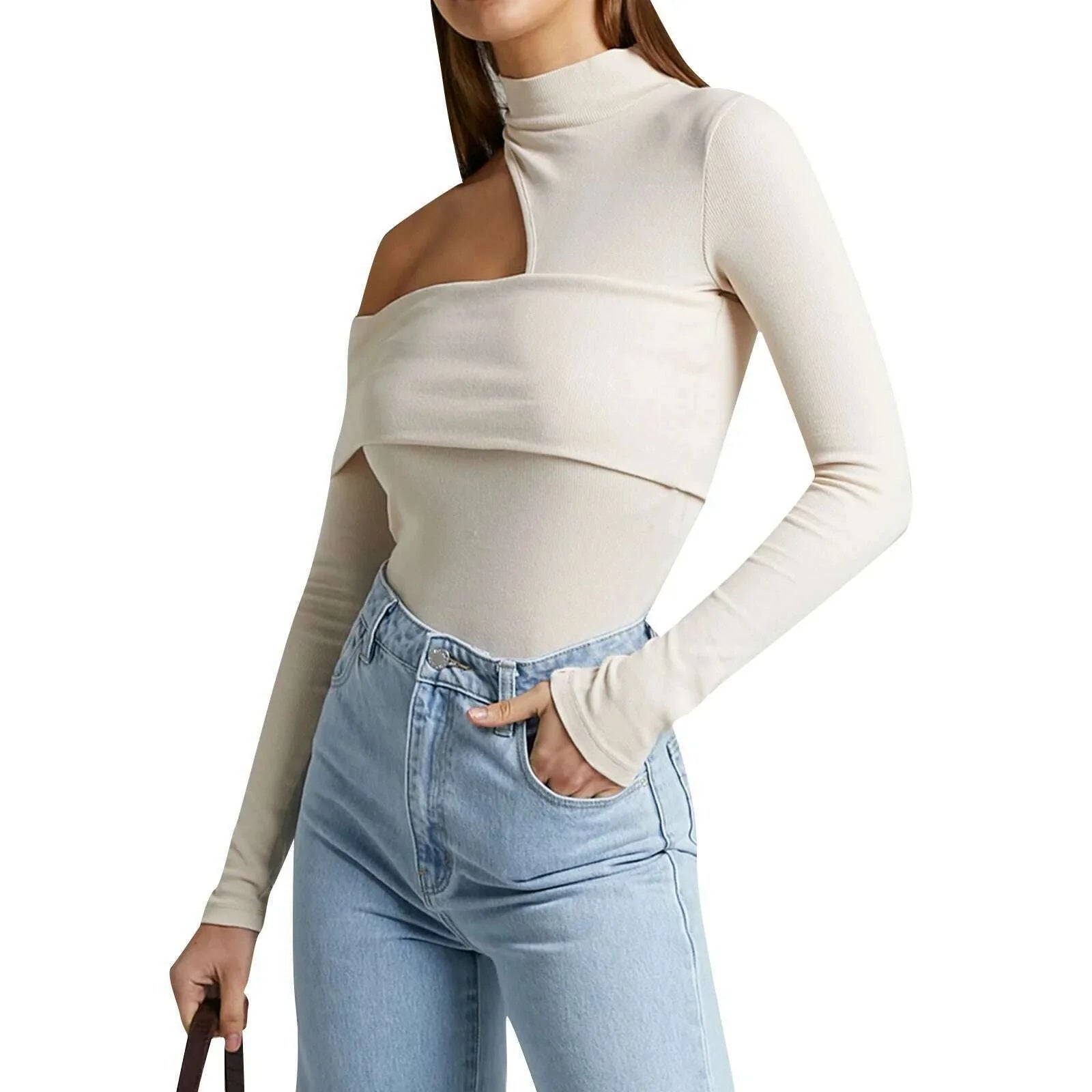 wsevypo Women High-Collar Hollow-Shoulder T-Shirt Fall Winter Solid Color Long Sleeve Knitted Pullover Tops Chic Slim Fit Tees