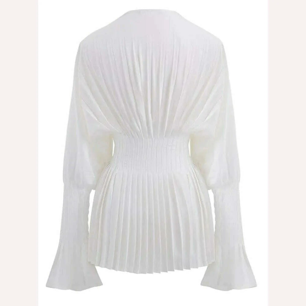 XIWEN Fashion Women's Blouses Puff Sleeve Folds Solid Color V-neck Girdle Waist Slim Pullover Shirts Summer 2024 New XF840