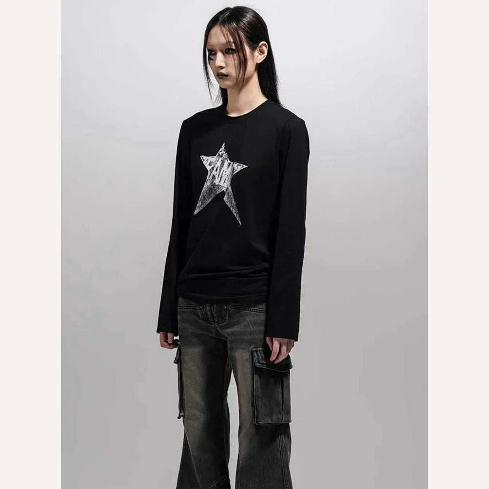 Yedinas American Retro Print Star Graphic Tees Long Sleeve T Shirt Women Tops Autumn 2023 Korean Fashion Y2k Vintage Slim Tees