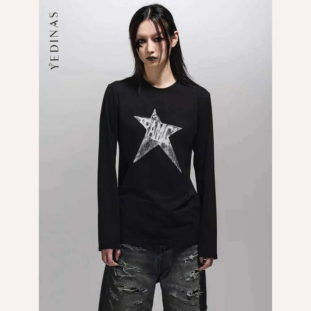 Yedinas American Retro Print Star Graphic Tees Long Sleeve T Shirt Women Tops Autumn 2023 Korean Fashion Y2k Vintage Slim Tees