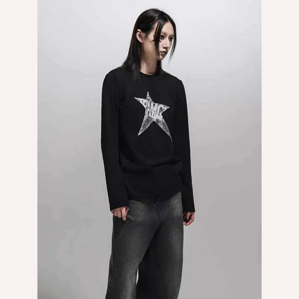 Yedinas American Retro Print Star Graphic Tees Long Sleeve T Shirt Women Tops Autumn 2023 Korean Fashion Y2k Vintage Slim Tees