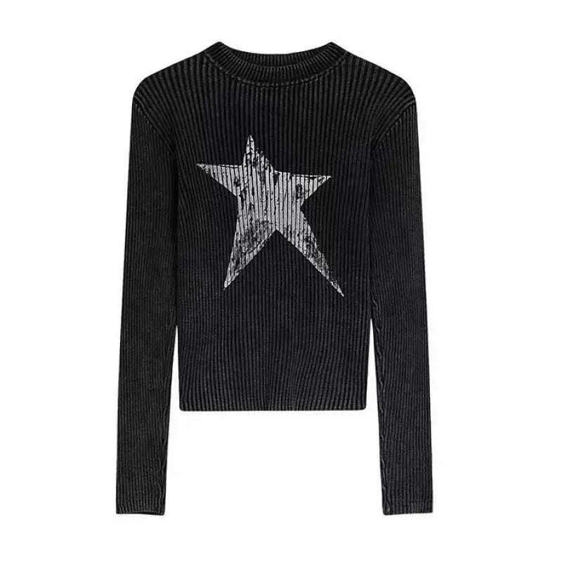 Yedinas American Retro Print Star Graphic Tees Long Sleeve T Shirt Women Tops Autumn 2023 Korean Fashion Y2k Vintage Slim Tees