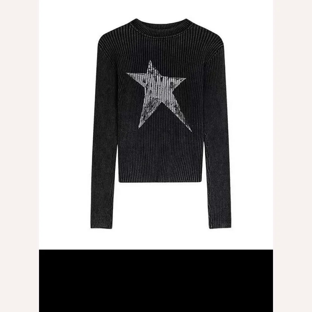 Yedinas American Retro Print Star Graphic Tees Long Sleeve T Shirt Women Tops Autumn 2023 Korean Fashion Y2k Vintage Slim Tees