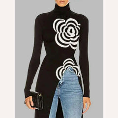 Yeezzi 2024 Latest Women Fashion Flower Printed Asymmetric Split-Front T-Shirts Spring Autumn Long Sleeves Skinny High Neck Tops