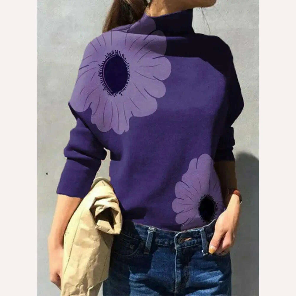 Yeezzi 2024 New Female Elegant Flower Printed Purple High Neck T-Shirts Spring Autumn Long Sleeve Loose Casual Tops for Women