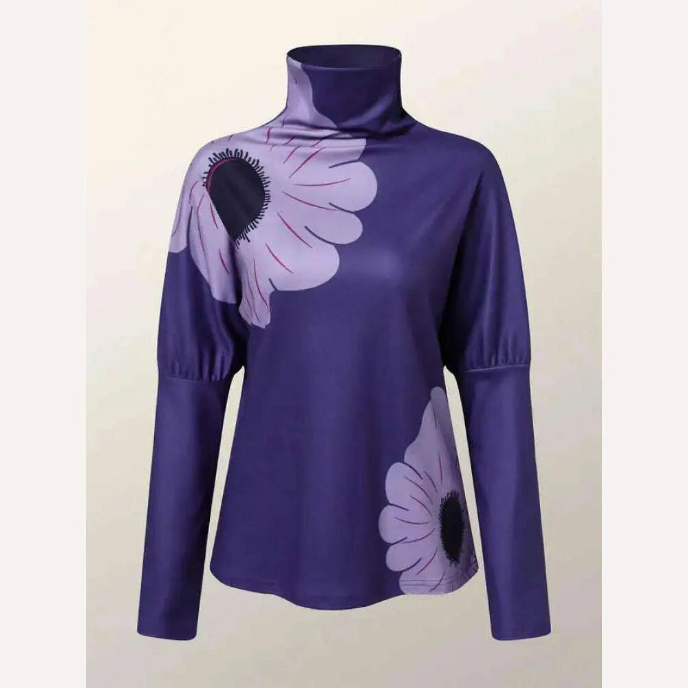 Yeezzi 2024 New Female Elegant Flower Printed Purple High Neck T-Shirts Spring Autumn Long Sleeve Loose Casual Tops for Women