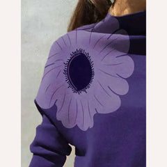 Yeezzi 2024 New Female Elegant Flower Printed Purple High Neck T-Shirts Spring Autumn Long Sleeve Loose Casual Tops for Women