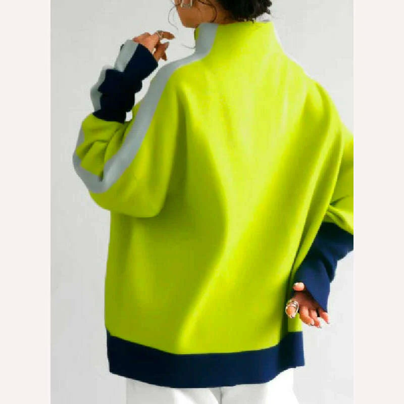 Yeezzi 2024 New Women Fashion Contrast Color High Neck Hoodless Sweatshirts Autumn Winter Long Sleeves Casual Pullovers Tops