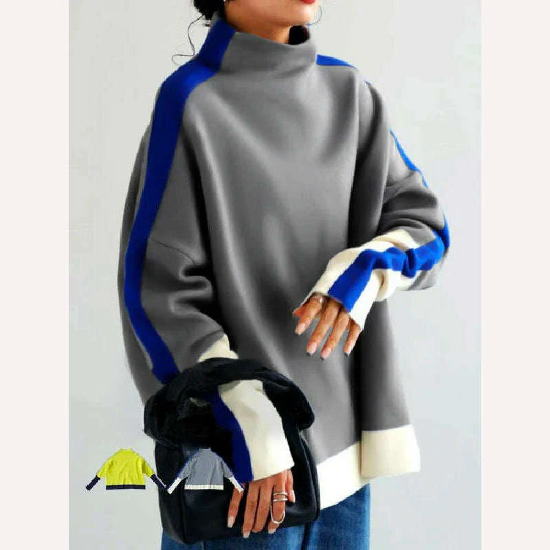 Yeezzi 2024 New Women Fashion Contrast Color High Neck Hoodless Sweatshirts Autumn Winter Long Sleeves Casual Pullovers Tops