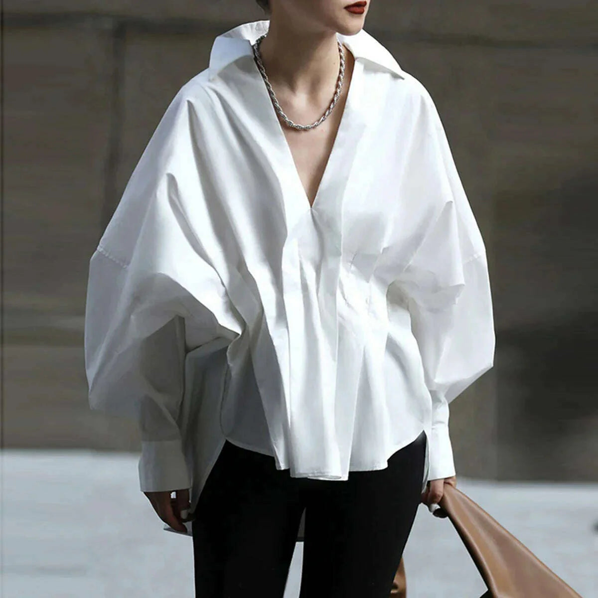 Yeezzi Fashion Pleated White Blouses Female Casual V-neck Long Sleeves Loose Lapel Collar Shirt Tops For Women 2023 New