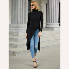 Yeezzi Female Korean Fashion Split-Side High-Neck Casual Tops Spring Autumn Long Sleeve Black Skinny T-Shirts For Women 2023 New