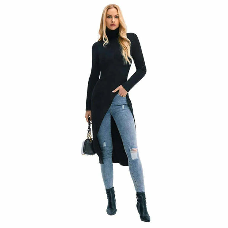 Yeezzi Female Korean Fashion Split-Side High-Neck Casual Tops Spring Autumn Long Sleeve Black Skinny T-Shirts For Women 2023 New