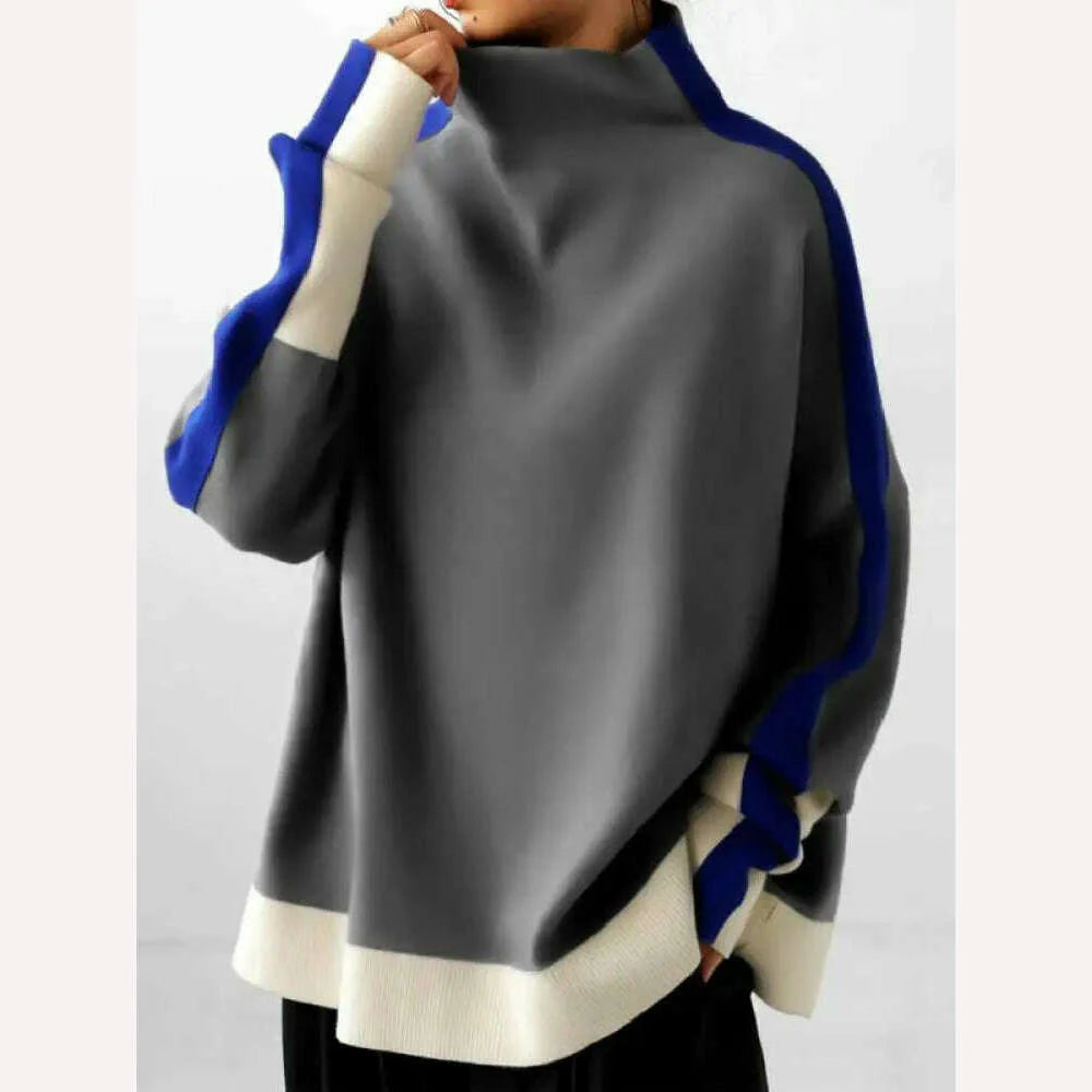 Yeezzi Female Trendy Contrast Color High Neck Hoodless Pullovers Tops 2023 New Spring Autumn Long Sleeves Casual Sweatshirts