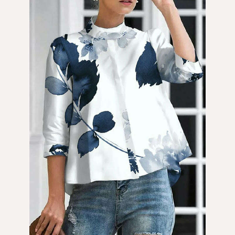 Yeezzi Female Vintage Elegant Floral Printed Stand Collar Blouses 2023 Spring Three-Quarter Sleeves Causal Shirts Tops For Women