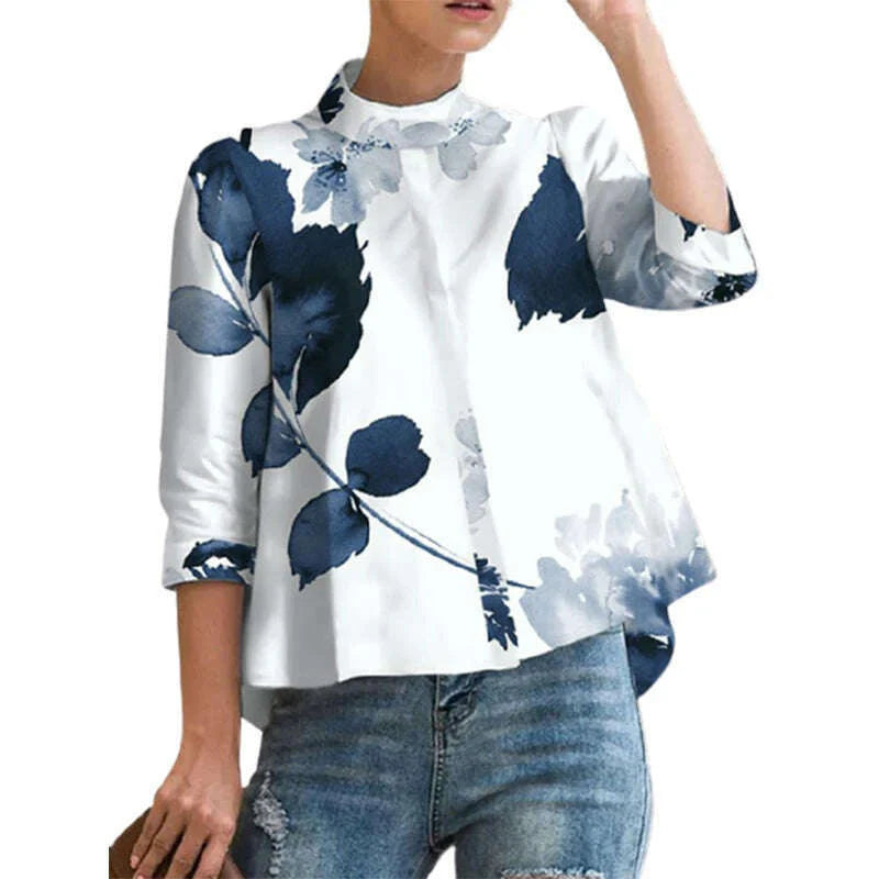 Yeezzi Female Vintage Elegant Floral Printed Stand Collar Blouses 2023 Spring Three-Quarter Sleeves Causal Shirts Tops For Women