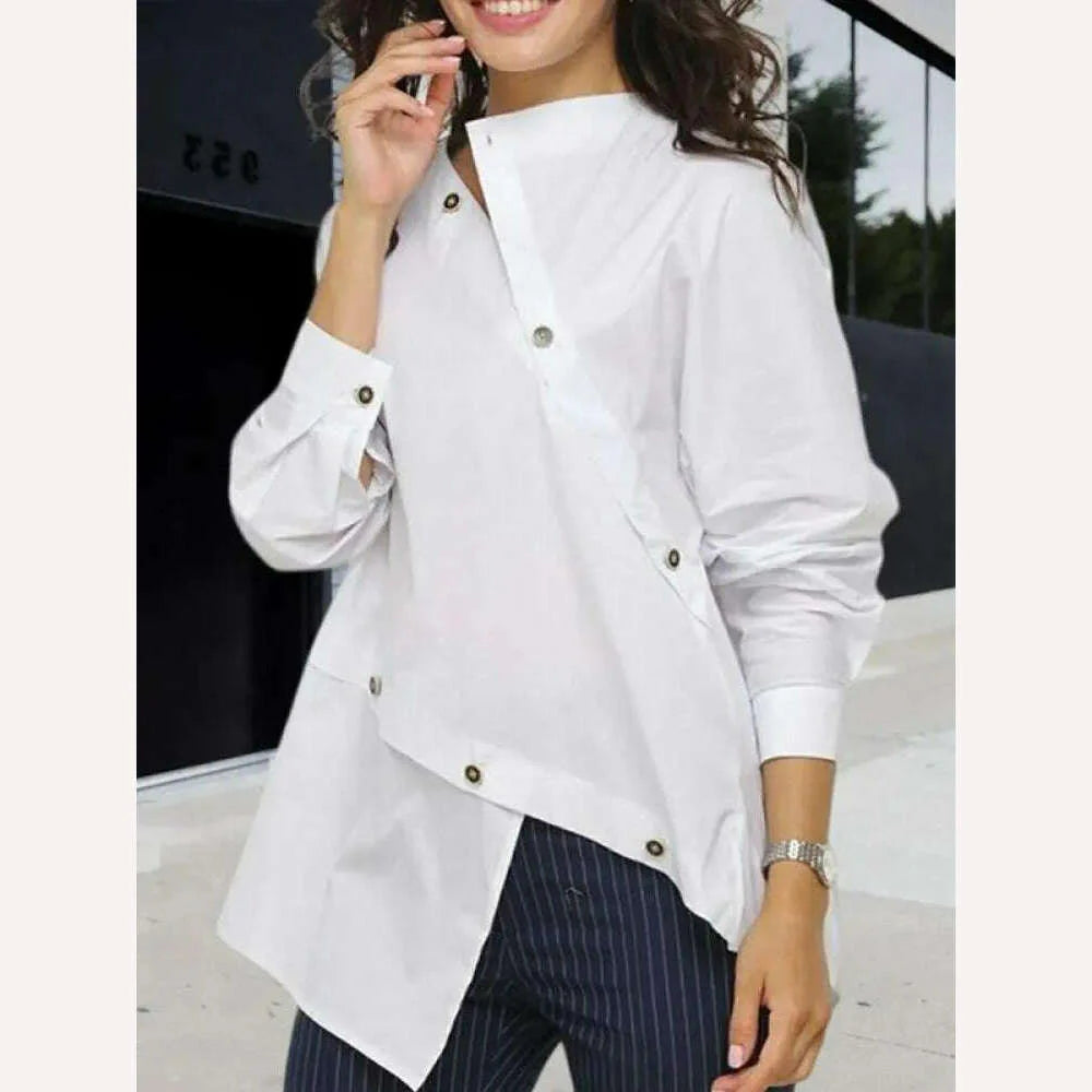 Yeezzi Women Korean Fashion Buttoned Asymmetric Split-Front Blouses 2023 Spring Autumn Long Sleeves Causal White Shirts Tops