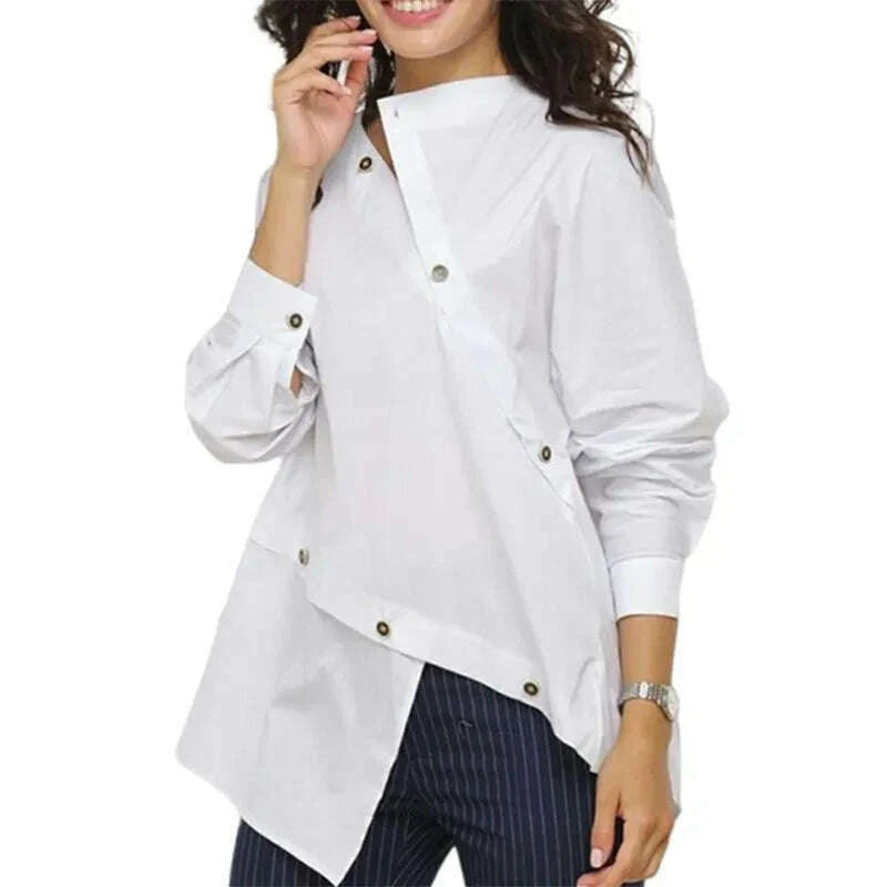 Yeezzi Women Korean Fashion Buttoned Asymmetric Split-Front Blouses 2023 Spring Autumn Long Sleeves Causal White Shirts Tops