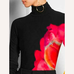 Yeezzi Women Spring Autumn Long Sleeves T-Shirts 2023 New Fashion Contrast Color Printed High Neck Casual Office Skinny Tops